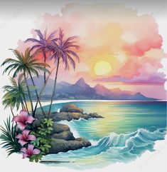 a painting of the ocean with palm trees