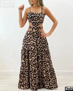 Leopard Print Cut-Out Waist Long Maxi Dress Wardrobe Photoshoot, Winter Formal Dresses Long, Cutout Maxi Dress, Ruffles Fashion, Maxi Dresses Casual, Leopard Pattern, Club Dresses, Long Maxi Dress, Pink Fashion