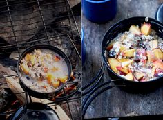 two pictures of food being cooked on the grill and cooking over an open campfire