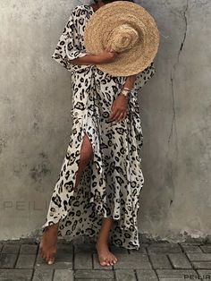 Peilia - Stylish Plus Size Boho Cover Up Dress for Women: Leopard Print Bat Sleeve V Neck Split Hem Ensemble with Belt Bohemian Leopard Print Beach Dress, Leopard Print V-neck Beach Dress, Leopard Print V-neck Maxi Dress For Vacation, Bohemian Leopard Print Vacation Dress, Leopard Print Vacation Dresses, Leopard Print Maxi Dress For Vacation, Leopard Print Summer Vacation Dresses, Leopard Print Maxi Dress For Beach, Summer Vacation Leopard Print Dresses