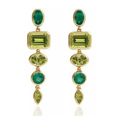 Introducing our breathtaking 14K Gold Emerald And Peridot Dangle Earrings - a fusion of luxurious materials and exquisite design. Elevate your style with these captivating earrings that feature the brilliance of gemstones, all set in 14-karat gold. GEMSTONES: The earrings showcase the enchanting combination of emerald and peridot, creating a dynamic and visually striking contrast. Together, they create a harmonious blend of colors that captivate the eye. ✪ DETAILS * 14K Gold (Stamped 14K for Pur Luxury Green Multi-stone Earrings, Fusion Yellow Gold Earrings With Gemstone Accents, Fusion Style Yellow Gold Earrings With Gemstone Accents, Yellow Gold Fusion Earrings With Gemstone Accents, Elegant Green Drop Linear Earrings, Green Linear Drop Earrings For Formal Occasions, Elegant Yellow Gold Multi-stone Earrings, Modern Multi-stone Yellow Gold Earrings, Modern Yellow Gold Multi-stone Earrings