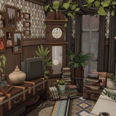 a living room filled with lots of furniture and a clock on top of a wall