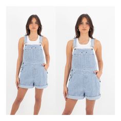 "90s 1990s Blue Striped Denim Cotton Overalls | Spring Summer Dungarees | Womens Ladies Girls Short Overalls - 4 Sizes S, M, L & XL For 10% off your first purchase visit - www.marlowvintage.com.au Soft mid-weight cotton/denim Anna is wearing Size S For best fit, please use the measurements as a guide to determine the right size for you.  If in doubt, size up. EXCELLENT vintage condition - No two vintage pieces are identical.  Each pair will vary slightly in colour and may show minor signs of wear; such as small holes, areas of frayed denim, discolourations and marks.  Any major flaws will be listed. Measurements Size: S (tagged S) Waist: ~ 31\" Hips: ~ 42\" Length: Adjustable straps - can be made longer or shorter Fabric: Cotton / Denim Brand: Bill Blass   Size: M (tagged M) Waist: ~ 35\" High Rise Cotton Shortalls For Spring, 90s Blue Denim Jumpsuit With Pockets, 90s Style Denim Jumpsuit With Pockets, 90s Style Blue Cotton Denim Jumpsuit, 90s Blue Cotton Denim Jumpsuit, High Rise Denim Blue Cotton Shortalls, High Rise Medium Wash Cotton Shortalls, Denim Blue Cotton Shortalls With Relaxed Fit, 90s Style Medium Wash Denim Jumpsuit