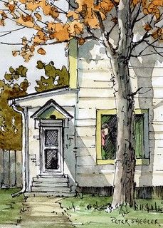 a watercolor painting of a house with trees in the front yard and an open door