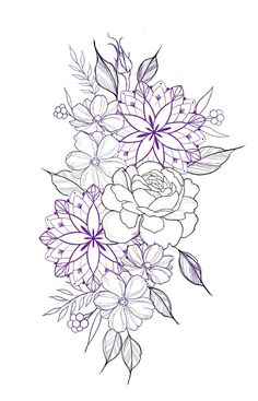 a bouquet of flowers with leaves and buds on a white background is drawn by hand