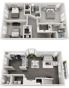 two bedroom apartment floor plans with one living room and the other kitchen, dining area