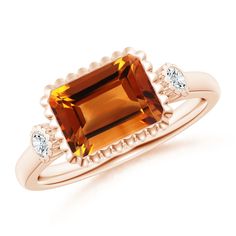 Horizontally mounted in a unique bezel setting is the emerald-cut citrine that draws the eye with its honey-yellow allure. Two dazzling diamonds nestled in floral motifs flank this beautiful gemstone. This citrine three stone cocktail ring is crafted in 14k rose gold. Citrine Ring, Floral Motifs, Three Stone, Cocktail Ring, Cocktail Rings, Bezel Setting, Emerald Cut, 18k Rose Gold, Stone Rings