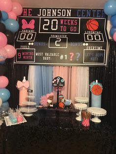 a sports themed birthday party with balloons and decorations on the wall, including a basketball score sign