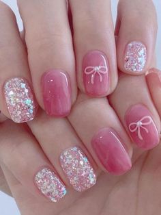 Short Pink Nails, Pink Glitter Nails, Pink Gel Nails, Valentine Nail Art, February Nails, Korean Nails, Nail Designs Valentines, Pink Nail Art, Her Nails