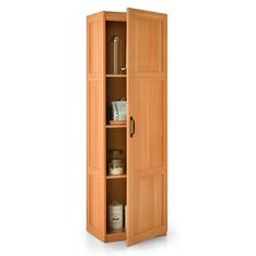 a tall wooden cabinet with two doors and shelves on one side, the door is open