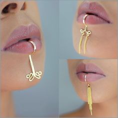 Turn heads in this one of a kind handmade lip cuff set!  The "Virgo" collection features three different unique styles! All inspired by the practical but pure energy of the Virgo.  All 3 styles are Ruby Moon original designs! These Lip cuffs are made with thick and sturdy tarnish resistant gold, rose gold, bronze or silver wire. No piercing is needed for this style! The lip hugger design is comfortable and easy to wear while talking and drinking. These faux piercing lip cuffs are fully adjustabl Unique Body Jewelry, Wire Body Jewelry, Lip Cuff Jewelry, Eat Cuffs, Fake Lip Piercing, Facial Jewelry, Unique Loc Styles, Lip Cuffs, Piercing Lip