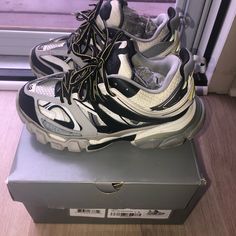 Gently Worn A Few Times. Great Condition Balenciaga Track Sneaker, Shoes Balenciaga, Colorful Sneakers, Balenciaga Track, Balenciaga Black, Balenciaga Shoes, Tri Color, Womens Shoes Sneakers, Black Gray