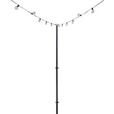 a metal pole with lights on it and some wires hanging from the top, against a white background