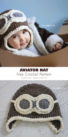 a crocheted hat with glasses on top and a baby wearing it in the middle