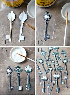 four pictures showing how to make skeleton keys with paint and glue on them for halloween decorations