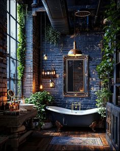 an old fashioned bathtub with plants growing on the wall and in front of it