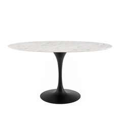 an oval white marble dining table with black metal base and round top, viewed from the front