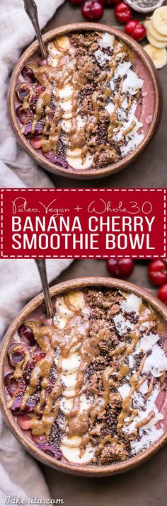 two bowls filled with banana and cherry smoothie bowl