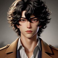 a digital painting of a man with curly hair and brown coat on his shoulders, looking to the side