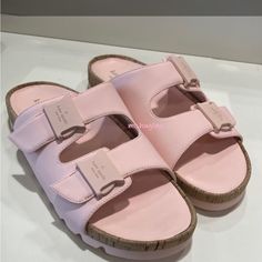 New Kate Spade Becca Rubber Leather Mix Sandals Size 8.5 Pink Leather Flat Footbed Sandals, Pink Leather Footbed Sandals For Spring, Chic Round Toe Footbed Sandals With Cork-bed Midsoles, Chic Footbed Sandals With Cork-bed Midsoles And Round Toe, Kate Spade Spring Sandals With Open Heel, Kate Spade Pink Open Toe Sandals, Kate Spade Open Heel Sandals For Spring, Kate Spade Leather Open Toe Sandals, Pink Leather Footbed Sandals With Cork-bed Midsoles