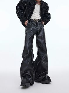 WN3680 ■size(cm)      Length   Waist   Hip   Hem width     M   108   74   100   68     L   110   78   104   70     XL   112   82   108   72       ■material 100% polyester ammonia Leather Pants Aesthetic, Y2k Black Pants, Paint Denim, Sci Fi Fashion, Leather Pants Outfit, Model Inspo, Grunge Look, Flared Pants, Cool Hoodies