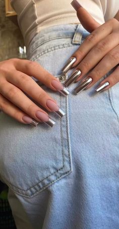 Silver Nail, Grunge Nails, Silver Nails, Square Acrylic Nails, Manicure Y Pedicure, Fire Nails, Dream Nails, Pretty Acrylic Nails