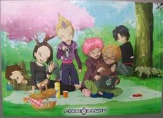 some anime characters sitting on the ground in front of a tree and picnic table with food