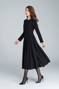 long black dress wool dress winter dress pleated dress Fall A-line Midi Dress With Pleated Sleeves, Winter A-line Pleated Maxi Dress, Black Long Sleeve Midi Dress For Fall, Modest Long Sleeve Dress For Fall, Winter Pleated Long Sleeve Dress, Black Long Sleeve Knee-length Dress For Winter, Knee-length Black Long Sleeve Winter Dress, Classic Evening Midi Dress For Winter, Black Knee-length Long Sleeve Winter Dress