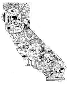 a black and white drawing of the state of california with many different things on it