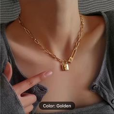 Brand New, Golden Plated Lock Charm On Chain 18 Inch Brand New Boutique Item Super Cute Gold Padlock Chain Necklace, Lock Pendant, Thick Chain Necklace, Love Lock, Vintage Hip Hop, 18k Gold Necklace, Luxury Necklace, Classic Necklace, Estilo Hip Hop