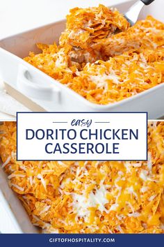 a casserole dish with chicken in it and the title overlay reads easy dorito chicken casserole