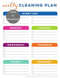 a cleaning checklist with the words'weekly cleaning plan'in colorful font on it