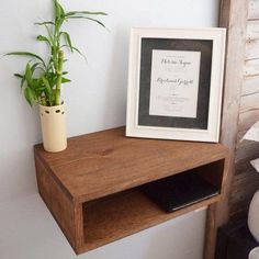 a potted plant sitting on top of a wooden shelf next to a framed photograph