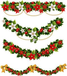 a set of christmas garlands with holly and poinsetti flowers on white background