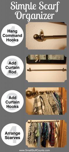 the instructions for how to organize an organized closet with clothes hanging on hooks and tie bars