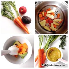 four pictures show carrots, celery, apples and avocado in bowls