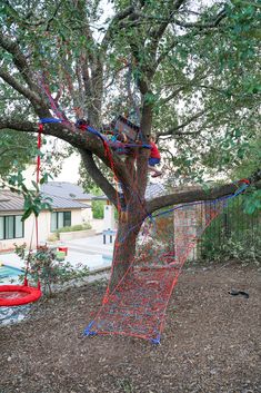 a tree that has some kind of net on it in the middle of a yard