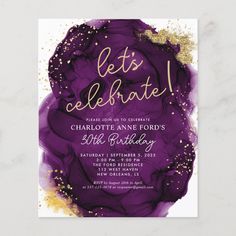 a purple and gold birthday party card with the words let's celebrate on it