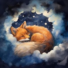 a painting of a sleeping fox in the clouds