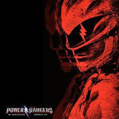 the power rangers movie poster is shown in red and black with an image of a man's face