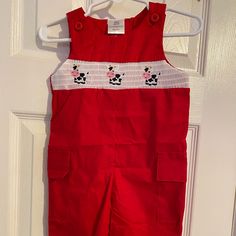 New Red Longalls With Smocked Front Smocked Cows Have Two Cargo Pockets Smoke Free Red Cotton Jumpsuit For Playtime, Red Bib Front Overalls With Pockets, Snow Overalls, Long Overalls, Red Overalls, Pink Overalls, Denim Coverall, Baby 12 Months