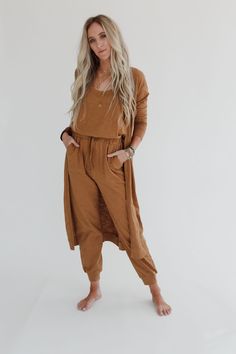 3BN Set to Go Textured Jumpsuit And Cardigan Set - Camel  |  Dresses  - Three Bird Nest Brown Loungewear Jumpsuits With Pockets, Casual Fall Jumpsuits And Rompers For Loungewear, Casual Fall Loungewear Jumpsuits And Rompers, Relaxed Fit Brown Jumpsuits And Rompers For Fall, Chic Brown Jumpsuits And Rompers For Loungewear, Relaxed Fit Jumpsuits And Rompers For Fall Day Out, Fall Day Out Relaxed Fit Jumpsuits And Rompers, Beige Jumpsuits And Rompers For Fall Loungewear, Casual Jumpsuits And Rompers For Fall Daywear