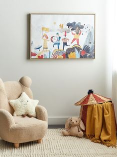 a child's room with a chair, teddy bear and painting on the wall