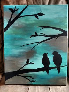 two birds sitting on a tree branch painted in acrylic paint