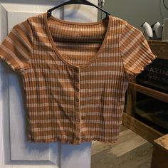 New Condition/Never Worn Baby Tee With Buttons Brown Cotton Tops With Buttons, Retro Brown Top With Buttons, Brown Short Sleeve Tops With Buttons, Mustard Short Sleeve Tops For Fall, Cute Plaid Short Sleeve Tops, Cute Short Sleeve Plaid Tops, Mustard Button-up Casual Top, Mustard Casual Button-up Top, Casual Mustard Button-up Top