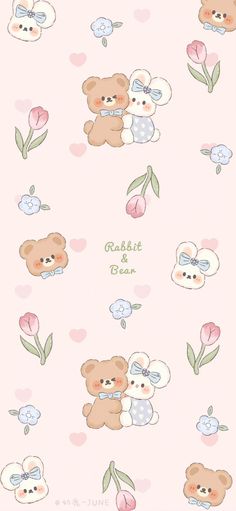 two teddy bears with hearts and flowers on a pink background