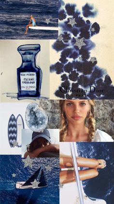 a collage of different pictures with blue and white designs on them, including an image of a woman in the ocean