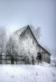 an old barn sits in the middle of a snow covered field with trees and bushes