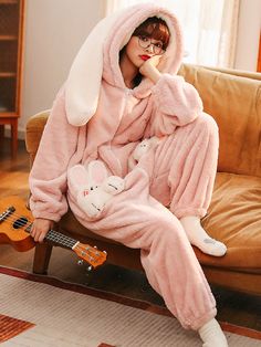 Fabric: polyester Warm up in style with this double-sized, dreamy, and cozy pajama set made from breathable, fleece-like material. Perfect for staying warm in chilly temperatures! Bunny Onesie, Flannel Pjs, Pajamas All Day, Women Sleepwear, Fluffy Bunny, Pink Pajamas, Flannel Pajama Sets, Cozy Pajamas, Pajamas Sets