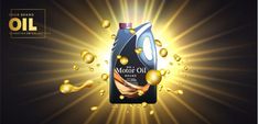 a bottle of motor oil with gold drops coming out of it and the words motor oil on